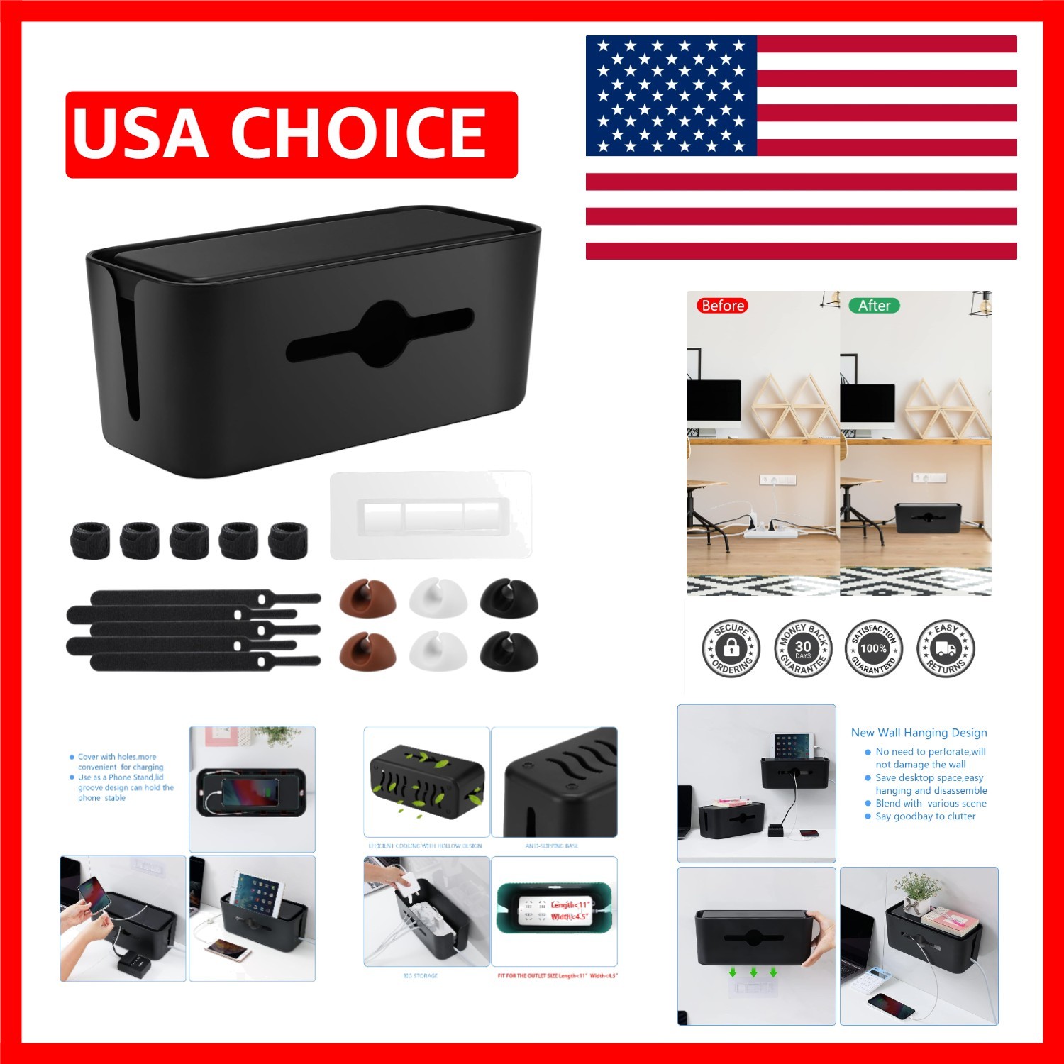 Versatile Cable Organizer Box with Clips & Ties - Perfect for Home & Office