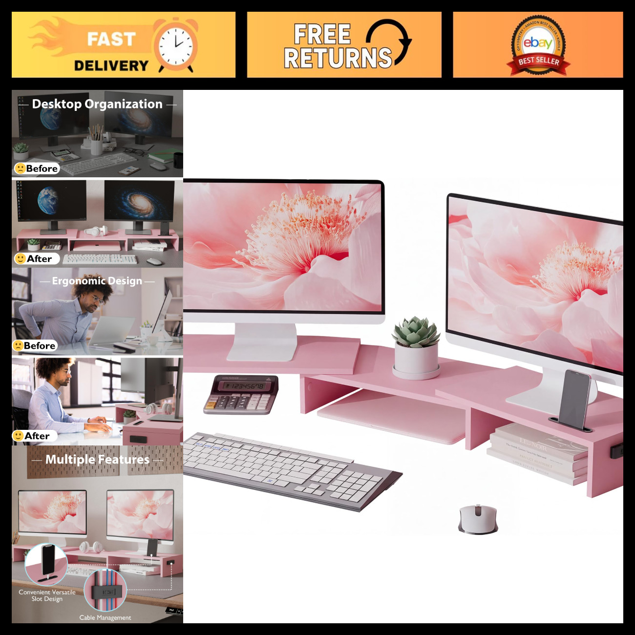 Adjustable Dual Monitor Stand Riser, Swivel Angle, Pink, Ergonomic Desk Organize
