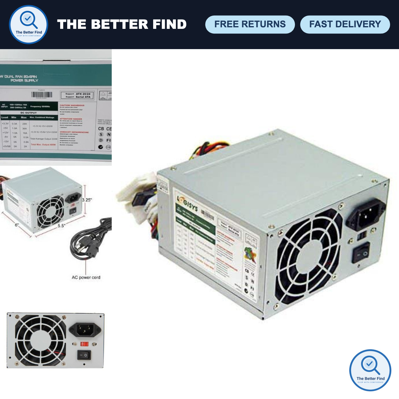 480W Power Supply Unit, 20/24 Pin ATX Switching PSU, High Efficiency, Reliable P