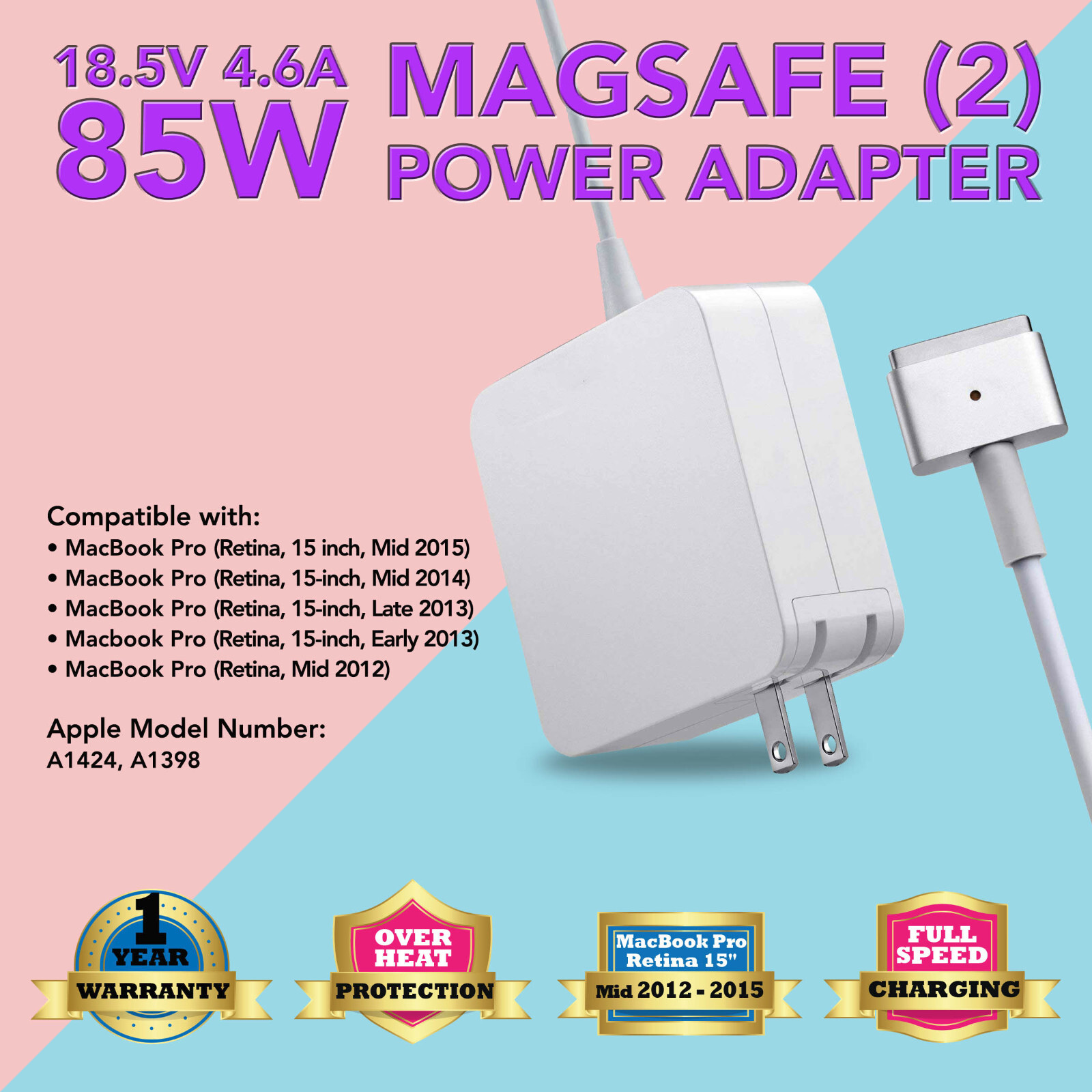 85W AC Adapter Charger Power Supply for Apple MacBook Pro 15" A1424 A1398