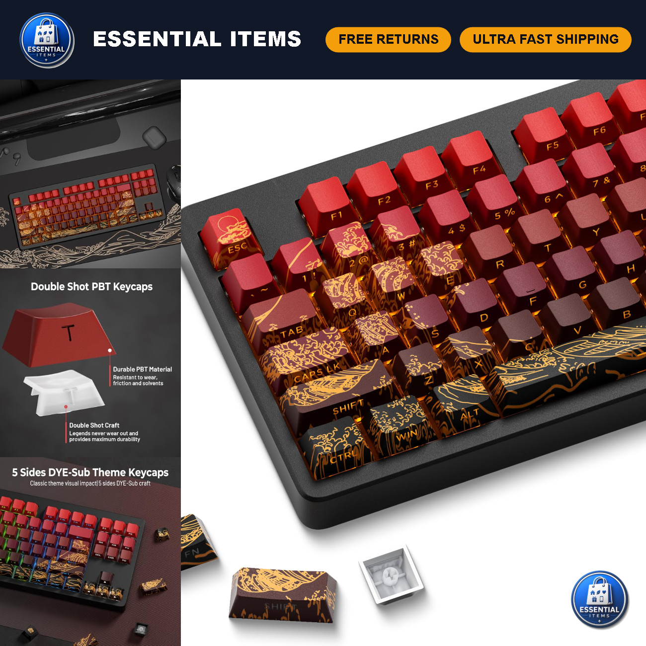 Custom Double Shot PBT Keycaps Set - 129 Keys for 60% 65% 75% 100% Keyboards, Wa