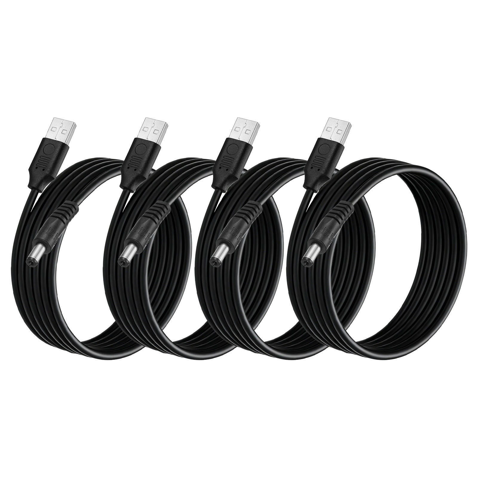 4Pcs USB to DC Power Cable 5.5x2.1mm, 5V 3A for LED Lights, 1.5 M/5Ft, Black