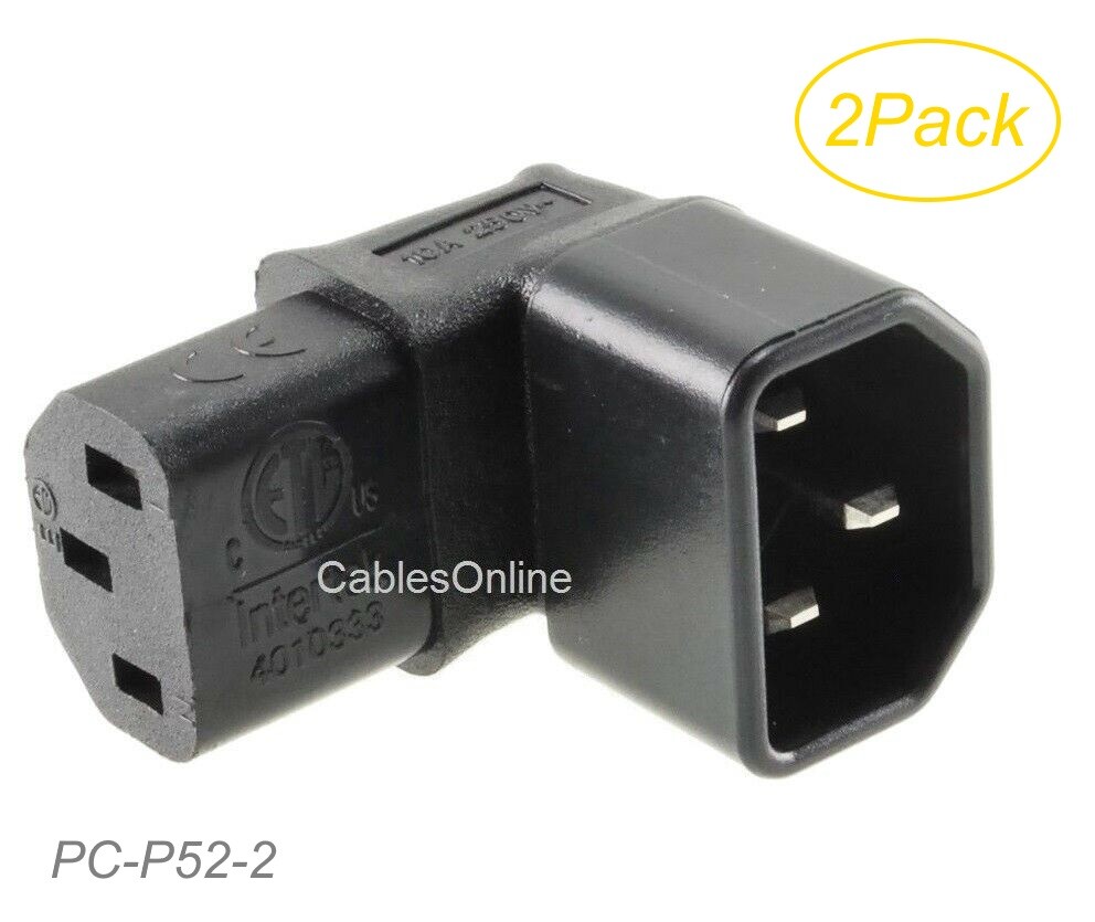 2-Pack Right-Angle Down IEC 320 C14 Male to IEC 320 C13 Female Power Adapters