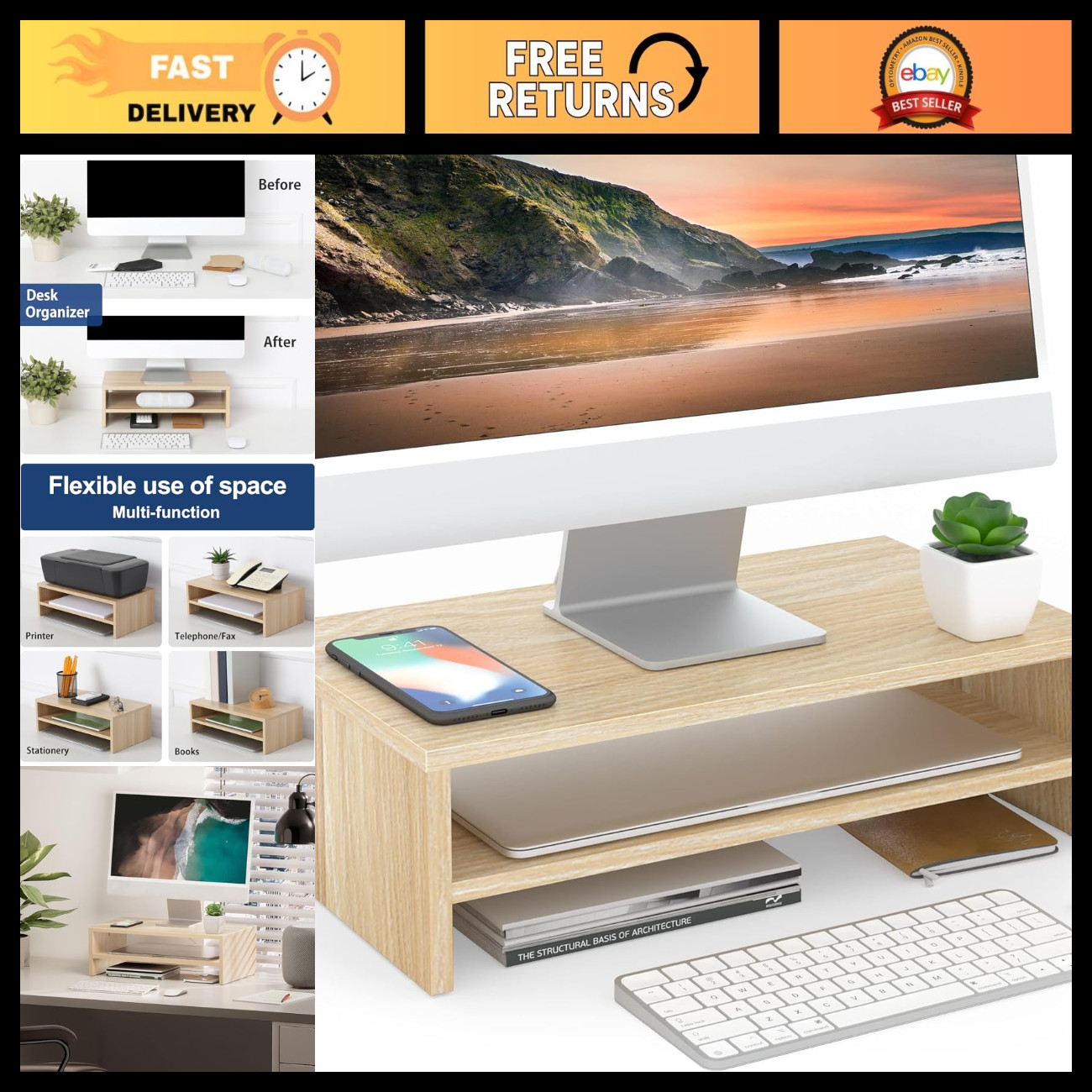 Wooden Monitor Stand Riser, 2-Tier Desk Organizer Shelf, Oak Finish, Space Saver