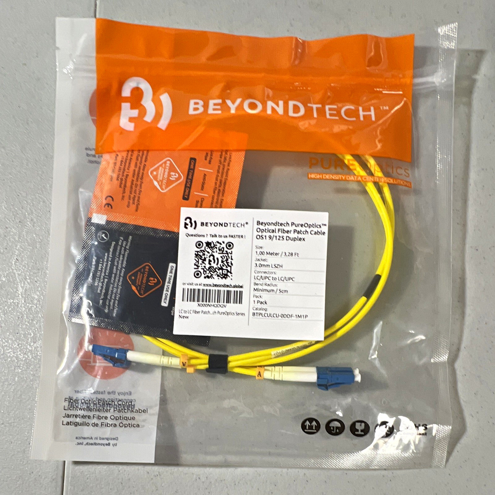 BEYONDTECH PureOptics OS1 9/125 Duplex LC/UPC-LC/UPC 1m LSZH Yellow