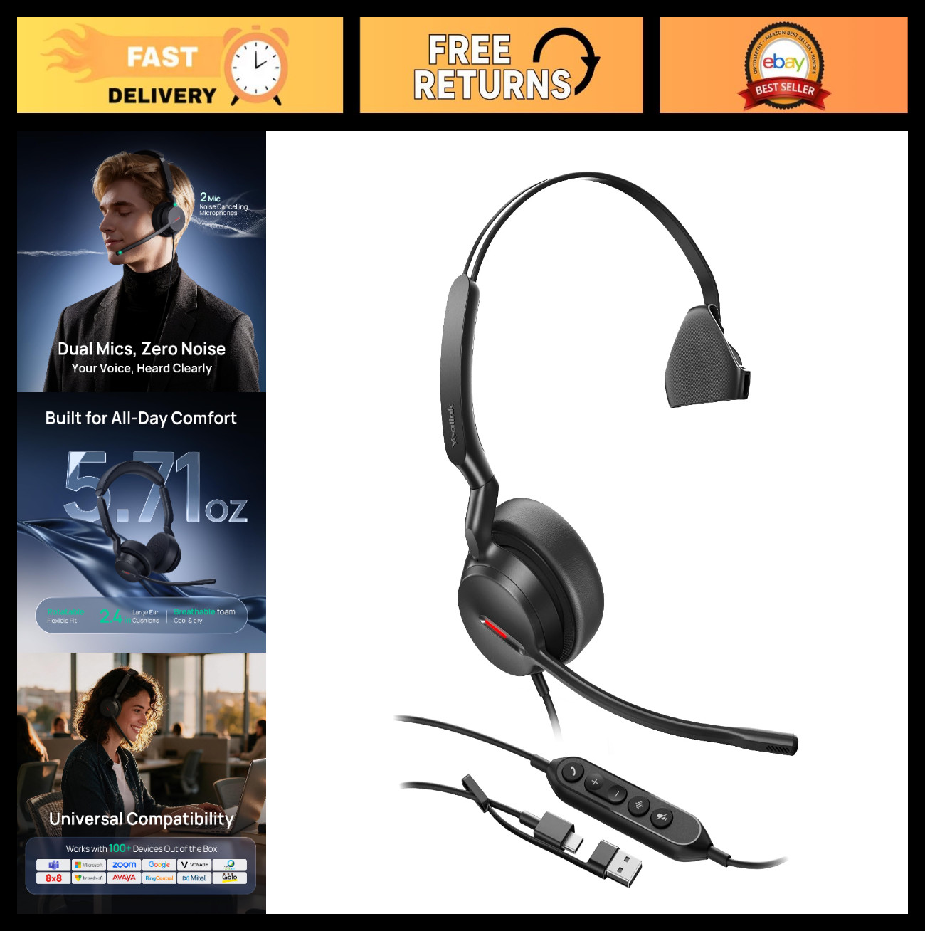 UH44 Mono USB Headset, Single Ear Computer Headset, Dual Mics