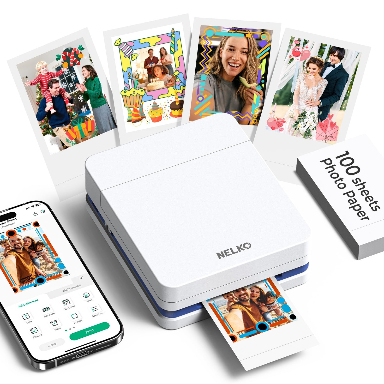 Nelko PP01 Photo Printer, 2x3 Portable Mini Printer with 100 Sheets, White
