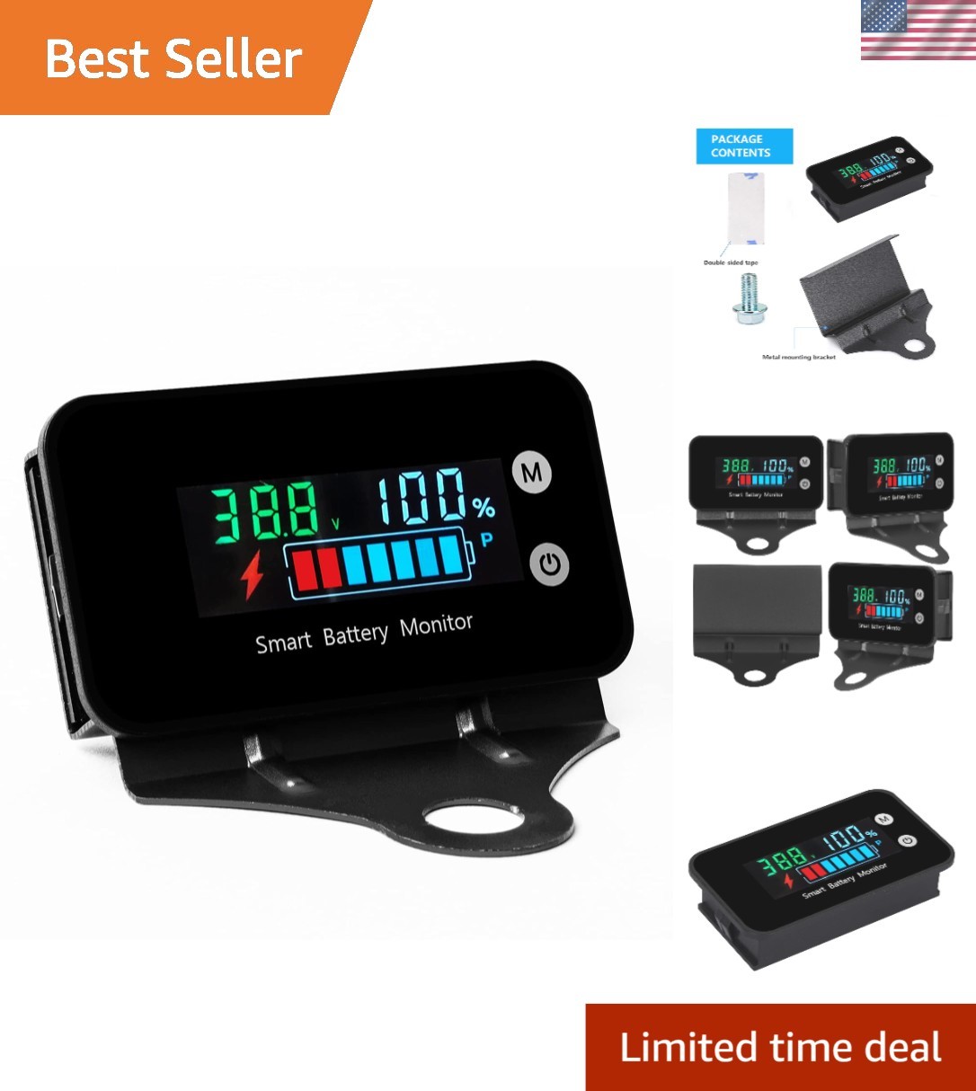 Waterproof Battery Monitor with Bracket 7-100V,12v 24v 36v 48v 60v 72v Digita...