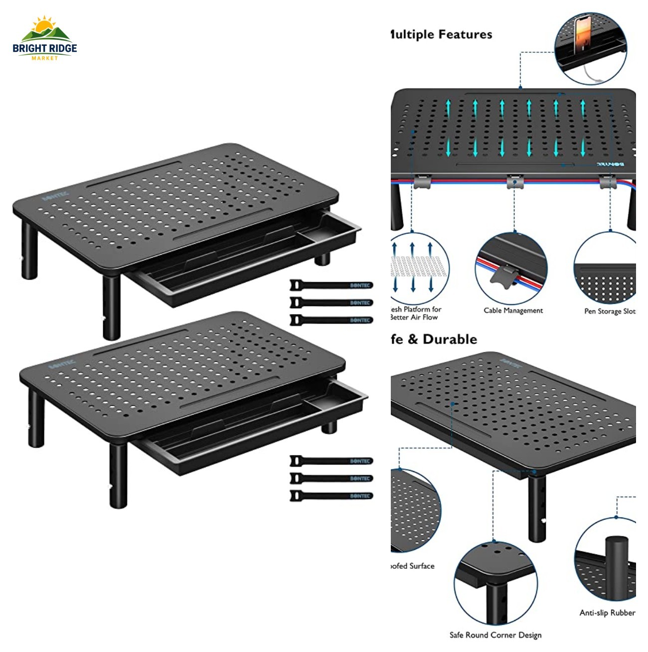 BONTEC 2 Pack Adjustable Monitor Stand Riser with Drawer, Supports 44lbs