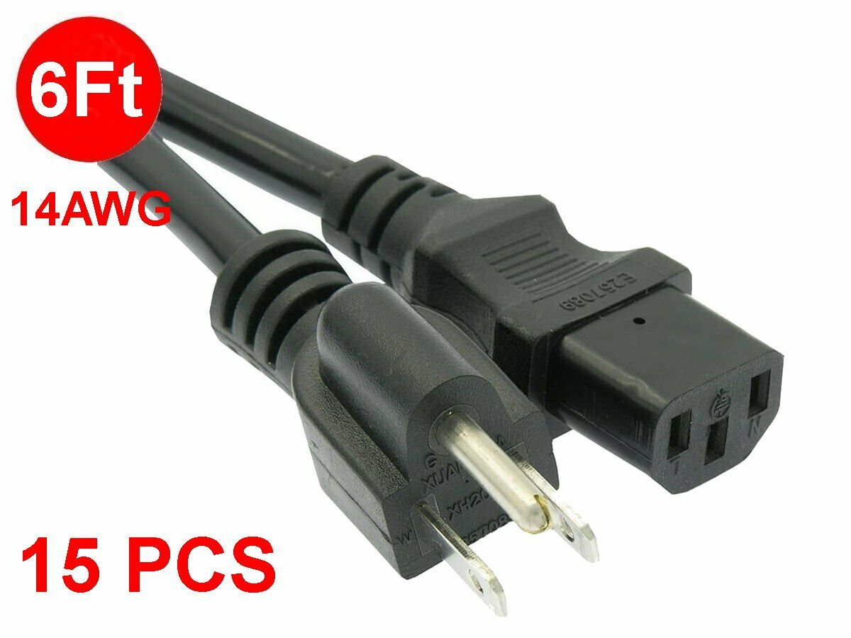 15 Pack Premium 6Ft 14awg Power Cord Computer Monitor TV Cable 5-15P to C13