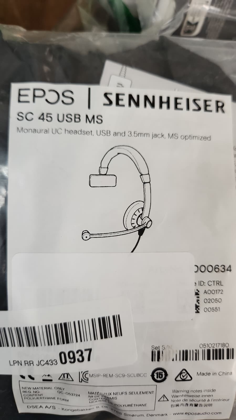 SENNHEISER EPOS SC 45 USB MS Single-Sided Headset USB 3.5mm - Black Open box