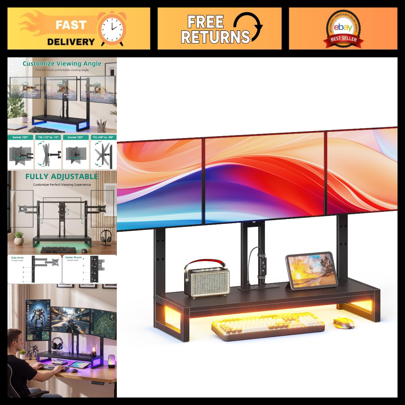Adjustable Triple Monitor Arm with LED Light, Heavy Duty Desk Mount & Shelf