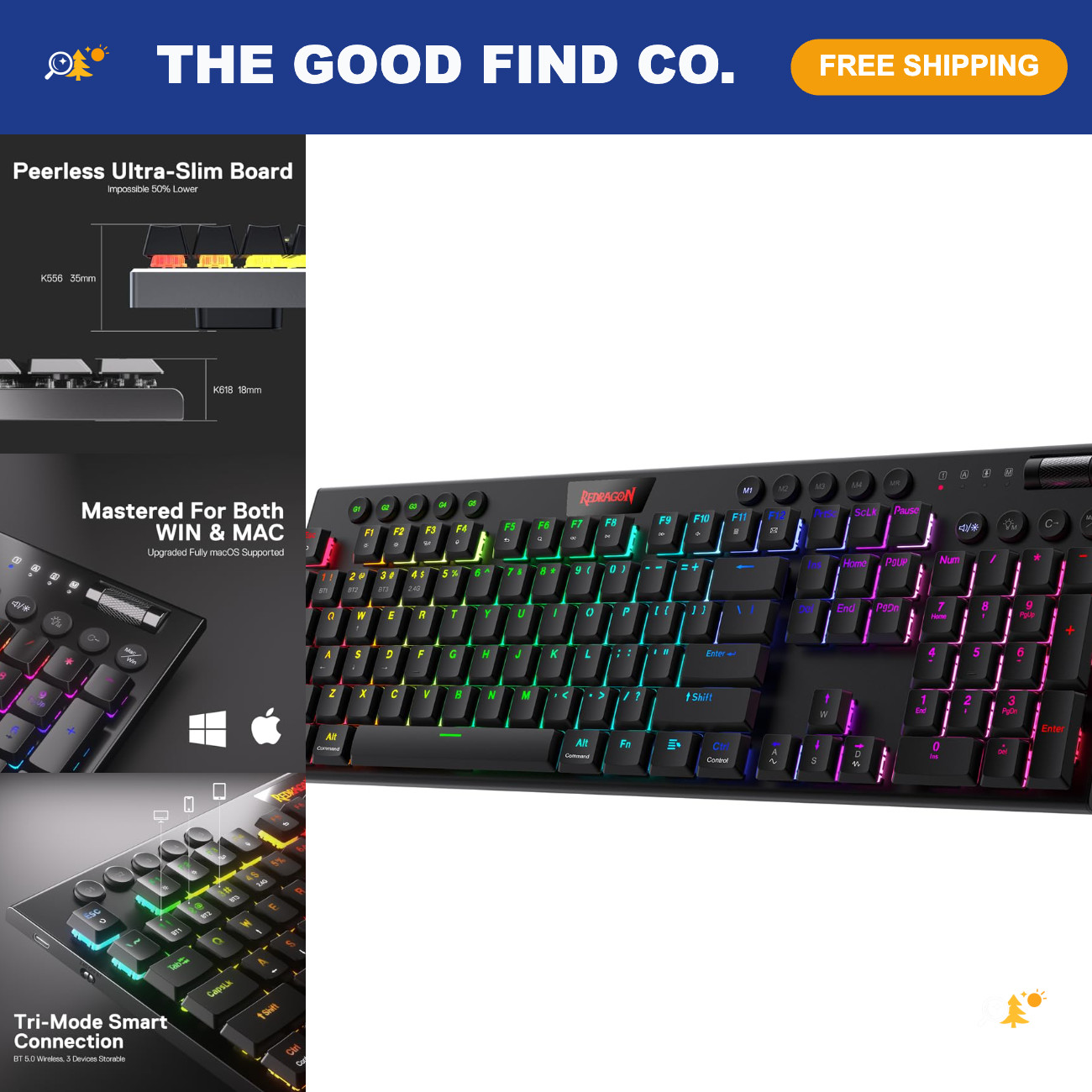 Wireless Ultra-Thin Gaming Keyboard, RGB Backlit, Macro Keys & Media Control