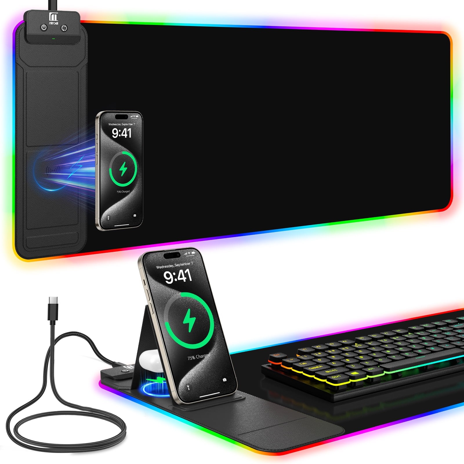 RGB Gaming Mouse Pad with Wireless Charger, LED Mouse Mat with Phone Holder