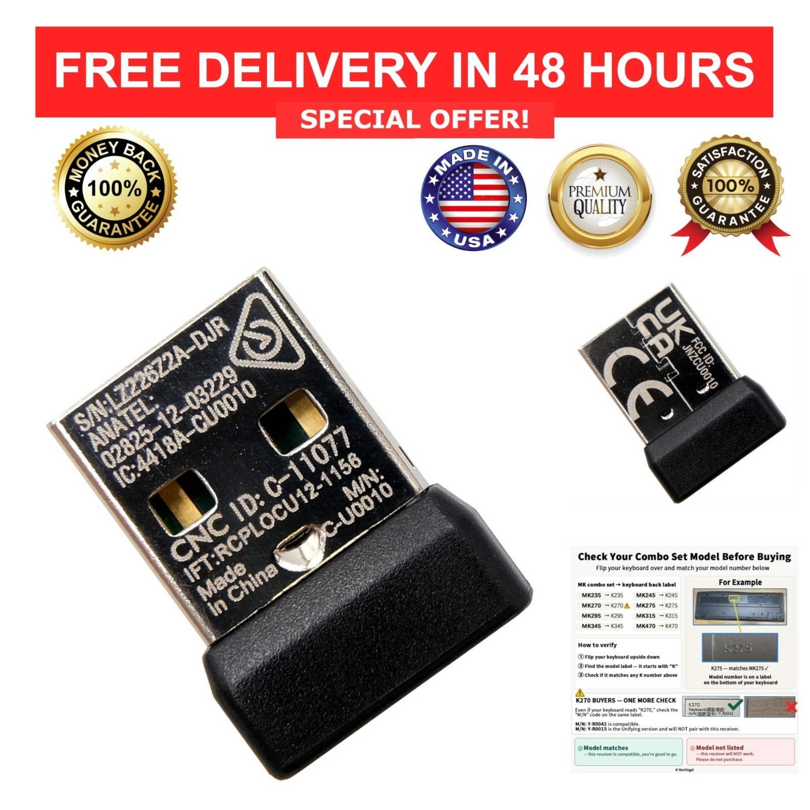 USB Receiver Dongle Replacement for Logitech MK235 MK270 MK345 Combo Set