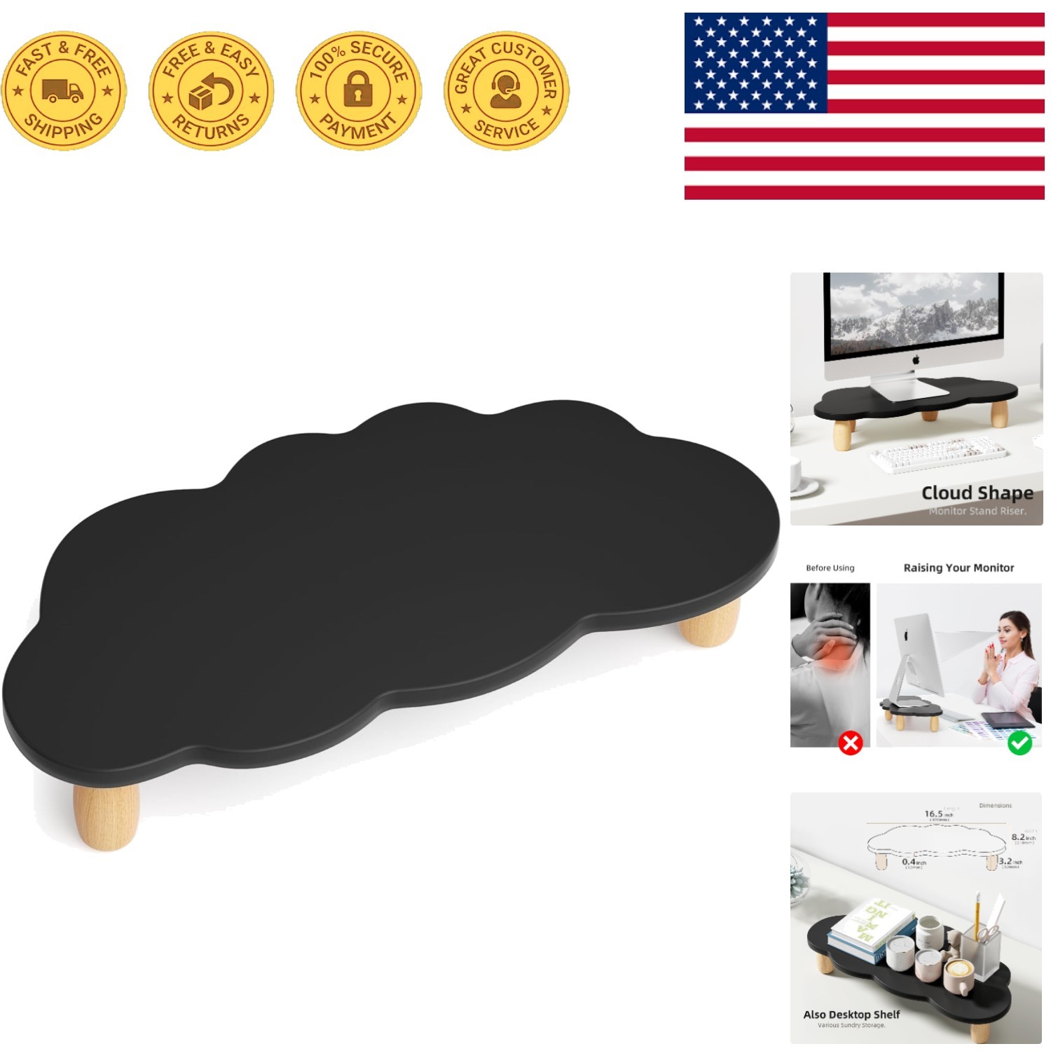 Multi-Purpose Desktop Organizer - Cloud Shaped Monitor Stand, Supports 44 lbs