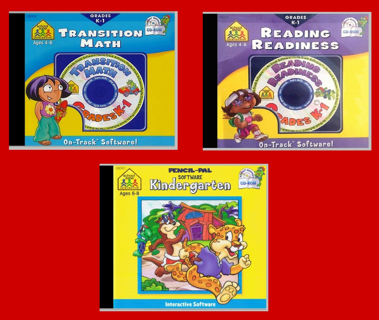 SCHOOL ZONE KINDERGARTEN. 3 BRAND NEW  CD-ROM PROGRAMS GRADES K TO 1.