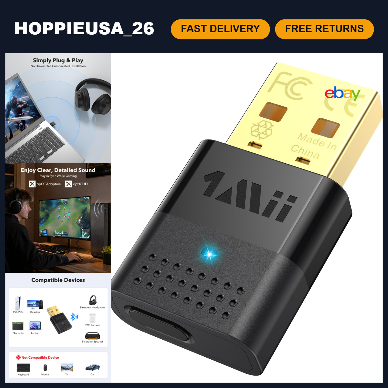 Bluetooth Adapter for PS5 & PC - aptX Low Latency, aptX Adaptive, Wireless Audio