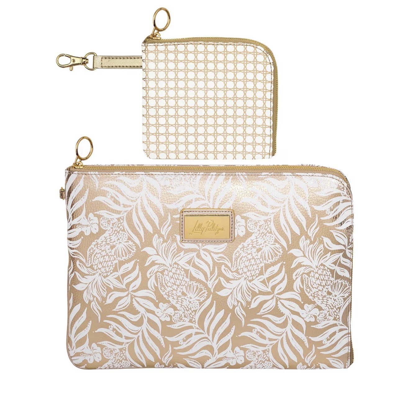 Lilly Pulitzer Padded Tech Sleeve & Small Zip Pouch, Gold Metallic Bon Vivants