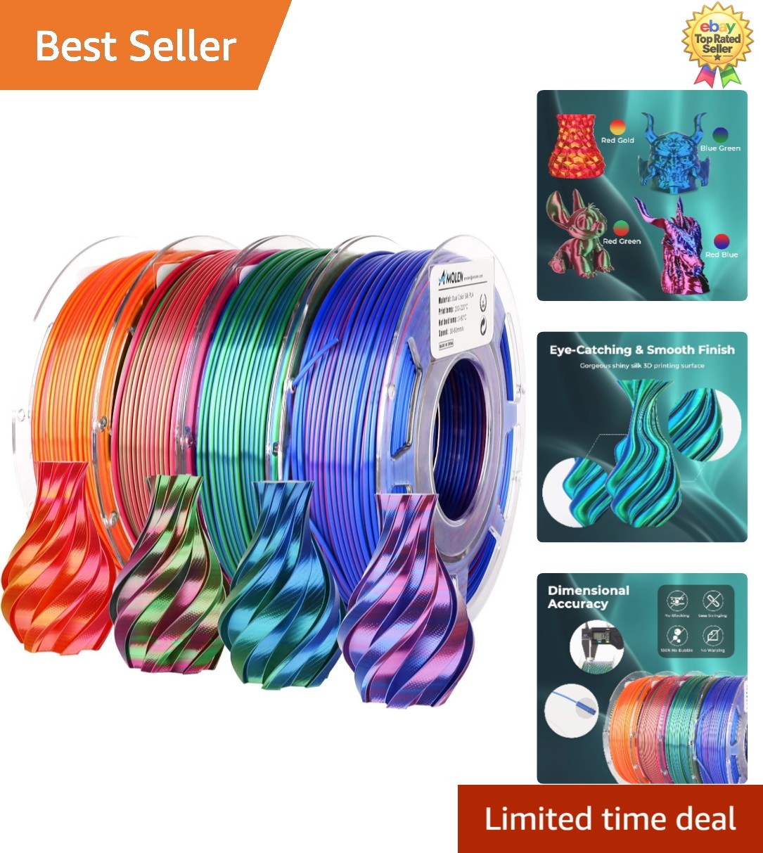 Creative 3D Printing with Silk Dual Color PLA - 4 Spool 200g Pack for Artists