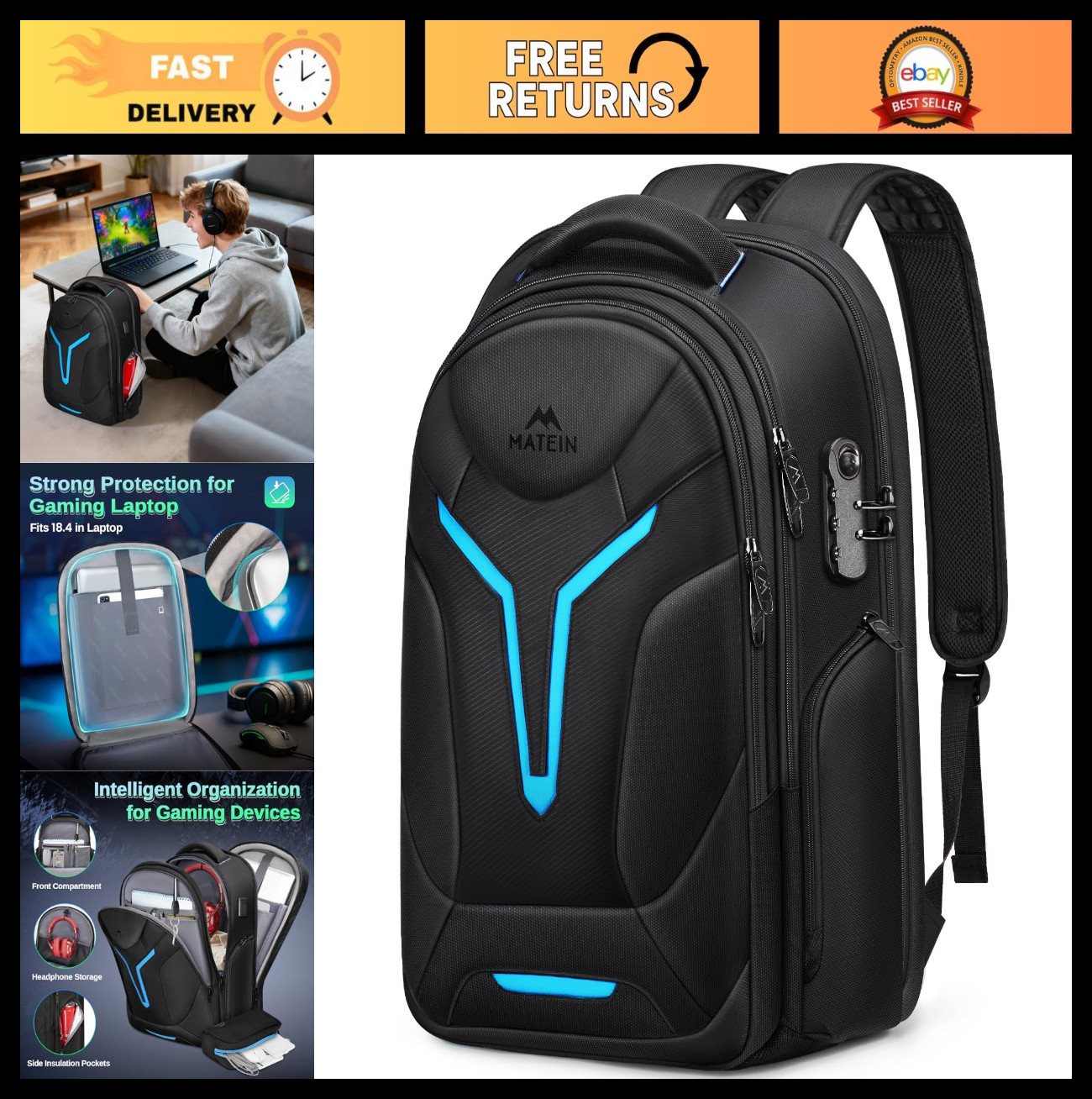 Extra Large Gaming Backpack 18" - Padded Laptop Compartment, Anti-Theft, USB-C,