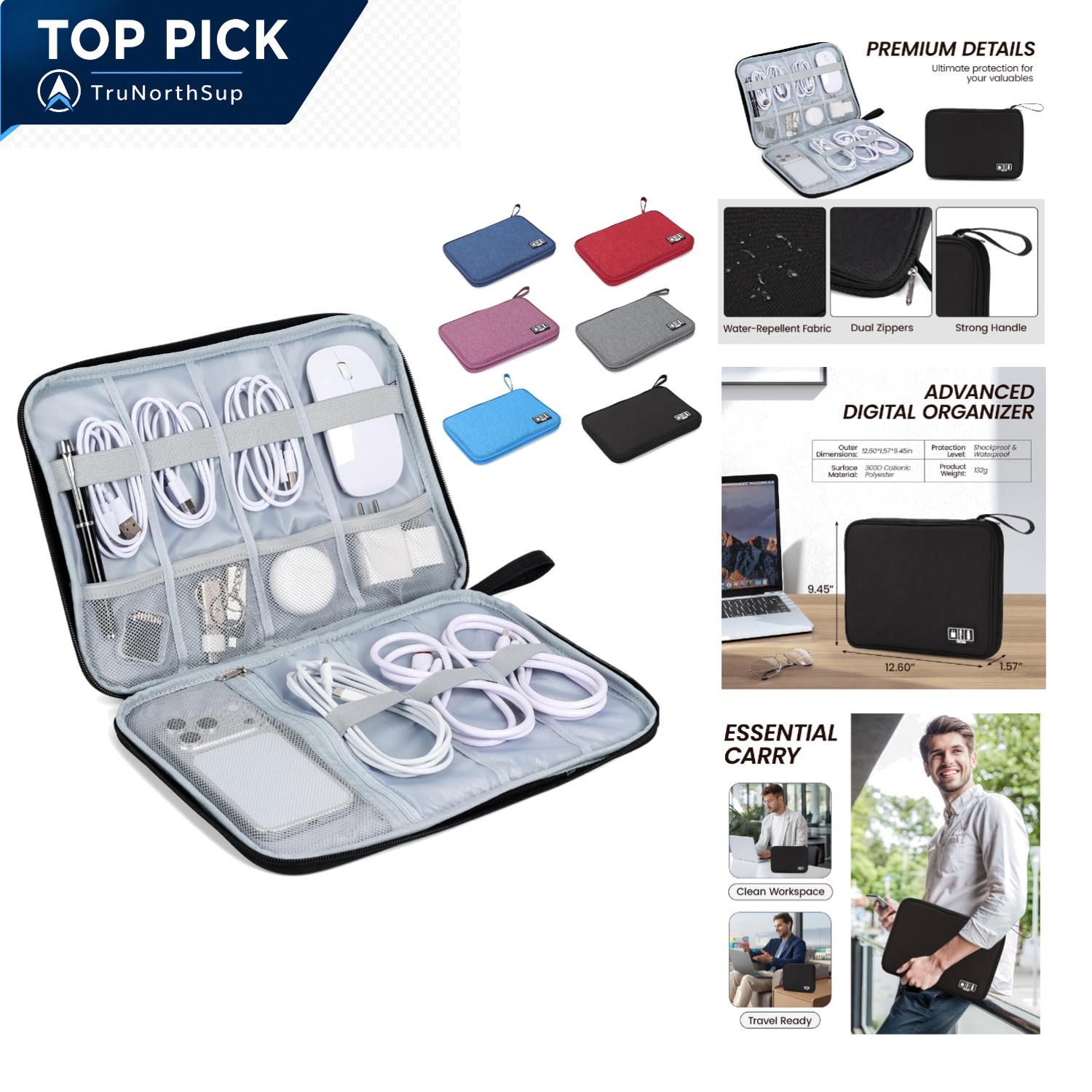 Cable Organizer Bag Electronics Case Waterproof Zipper Slim Tech Travel Pack