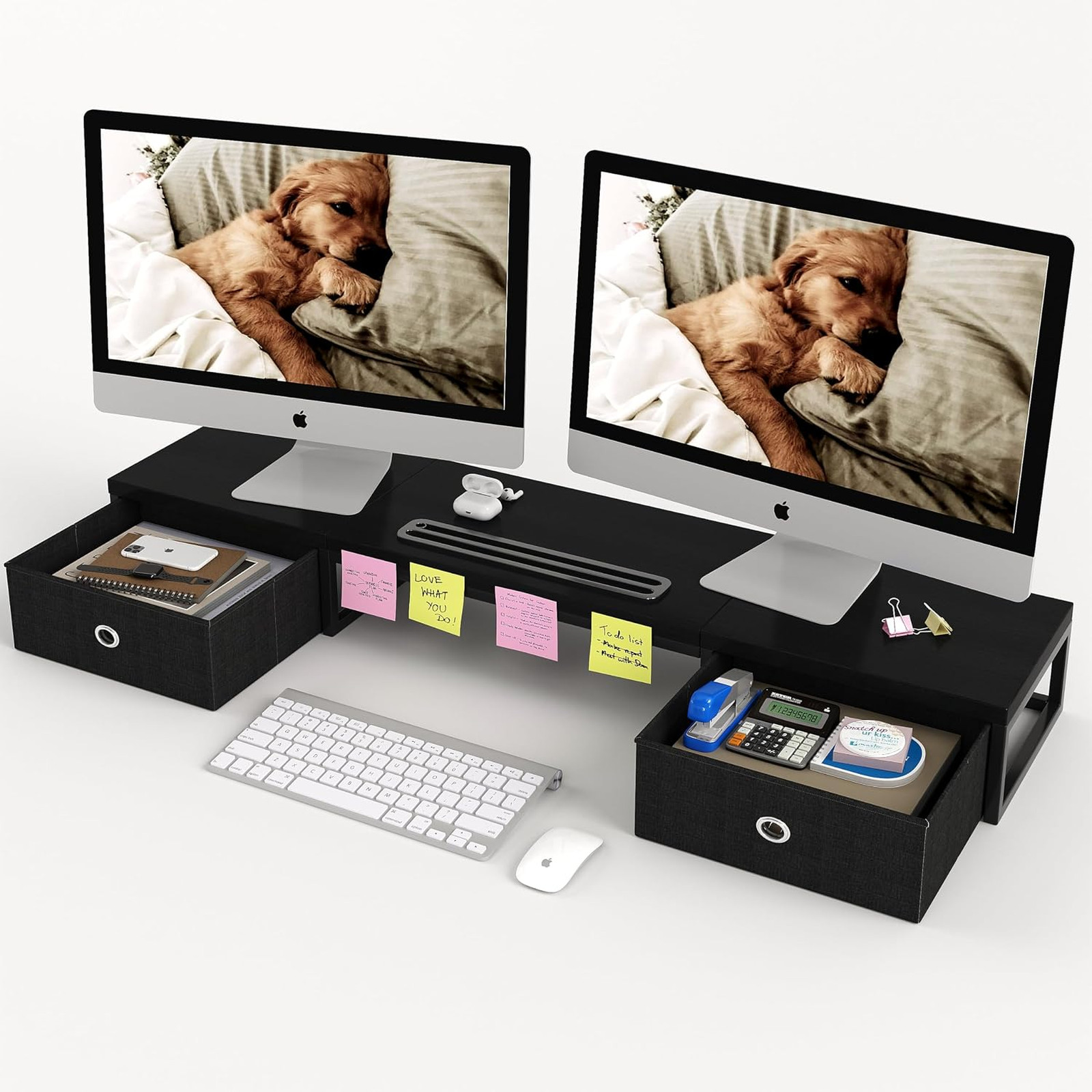 39 Inch Dual Monitor Stand Riser with Drawers Black Wooden Computer Desk