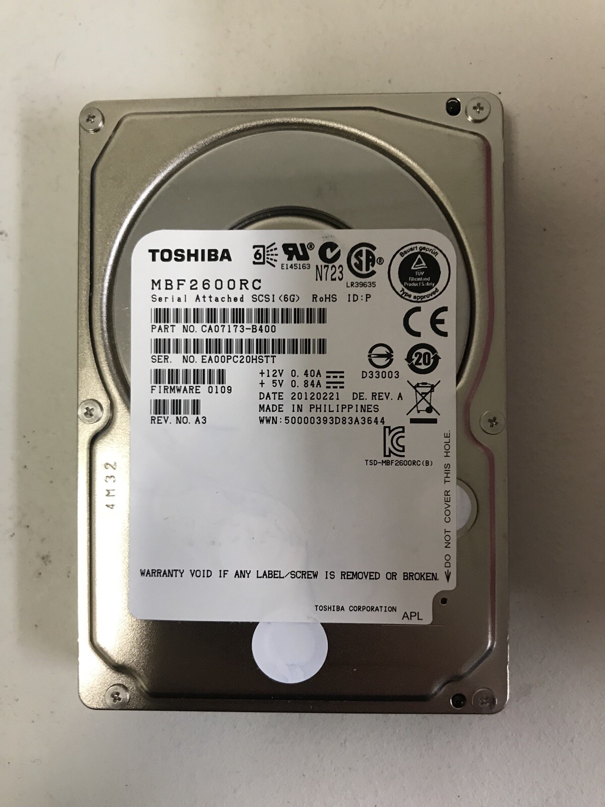 Toshiba MBF2600RC 600 GB 10000 RPM 2.5" SAS2 6GBPS Hard Drive PN: CA07173-B400