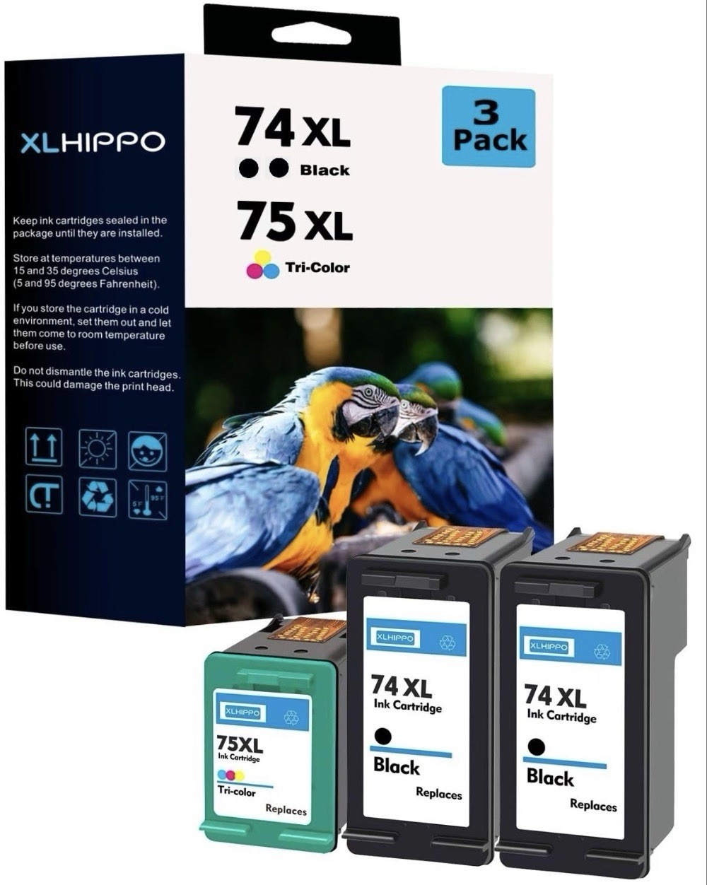 74XL 75XL HP Replacement for HP  Set of 3 Ink Cartridges: 2 Black 1 Color