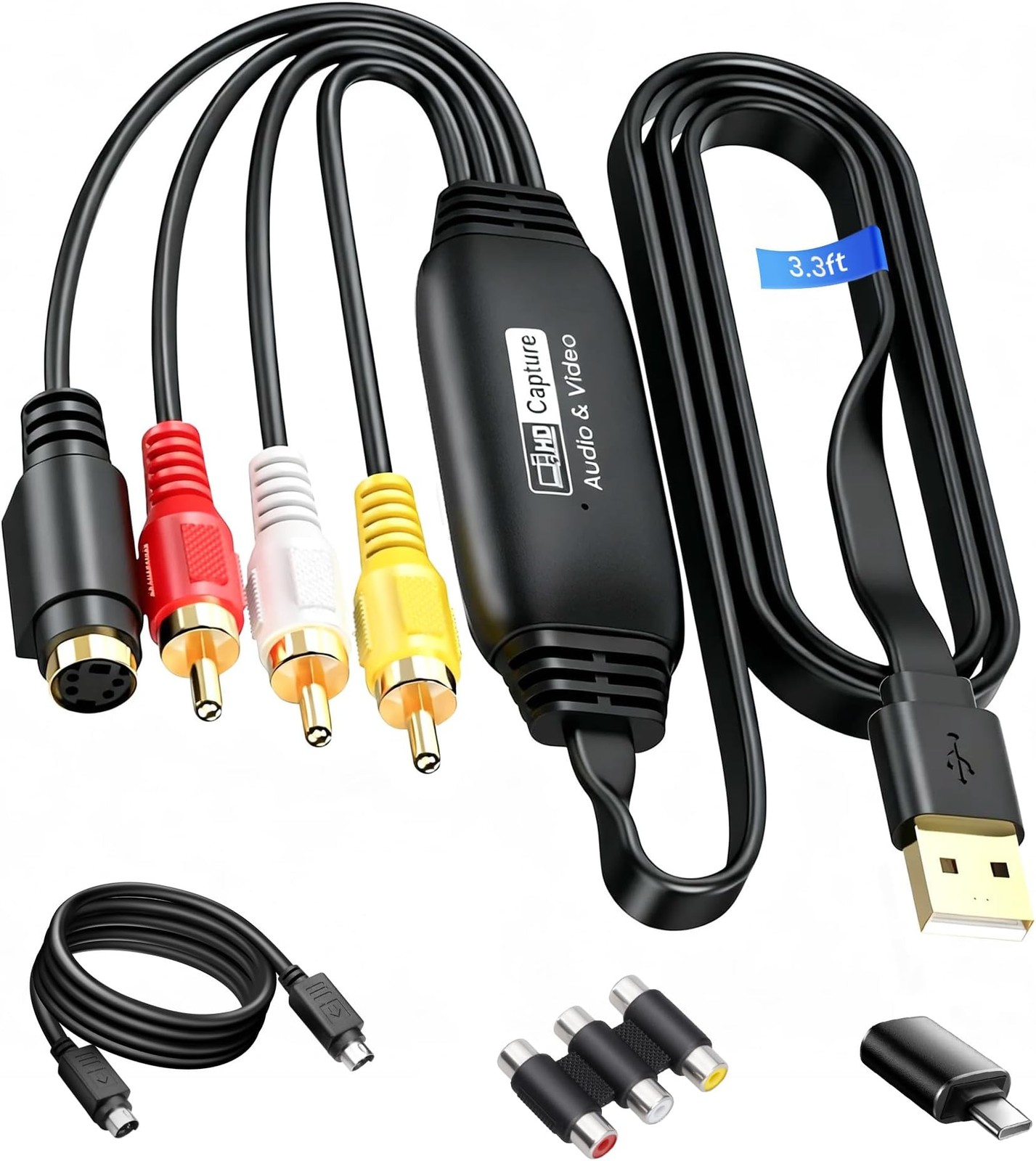 3.3 Feet VHS to Digital Converter, Type-C/USB 2.0 Video Cpture Card - Black