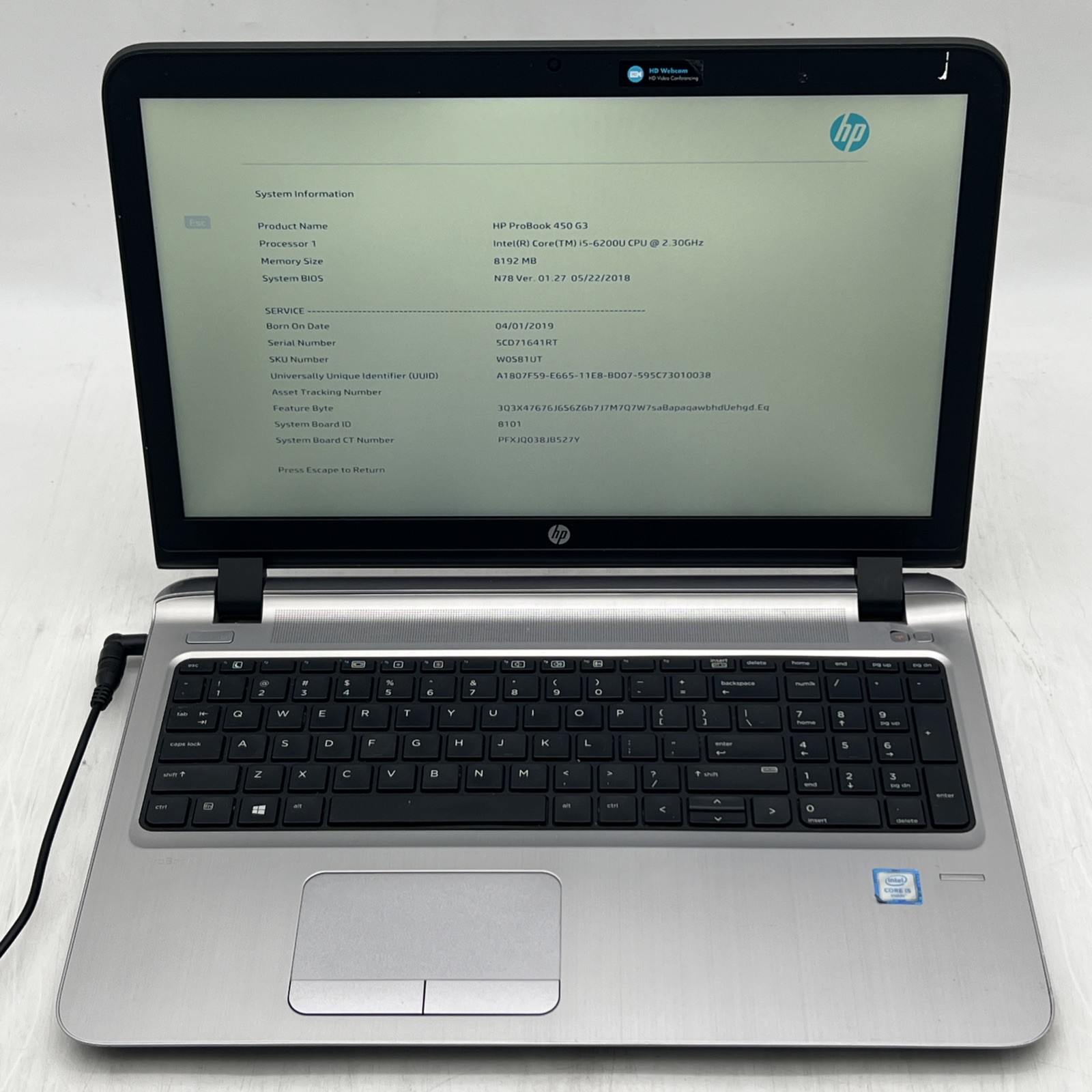 HP ProBook 450 G3 Laptop FHD i5 6200U 2.3GHz 8GB RAM No Drive No OS Bad Battery