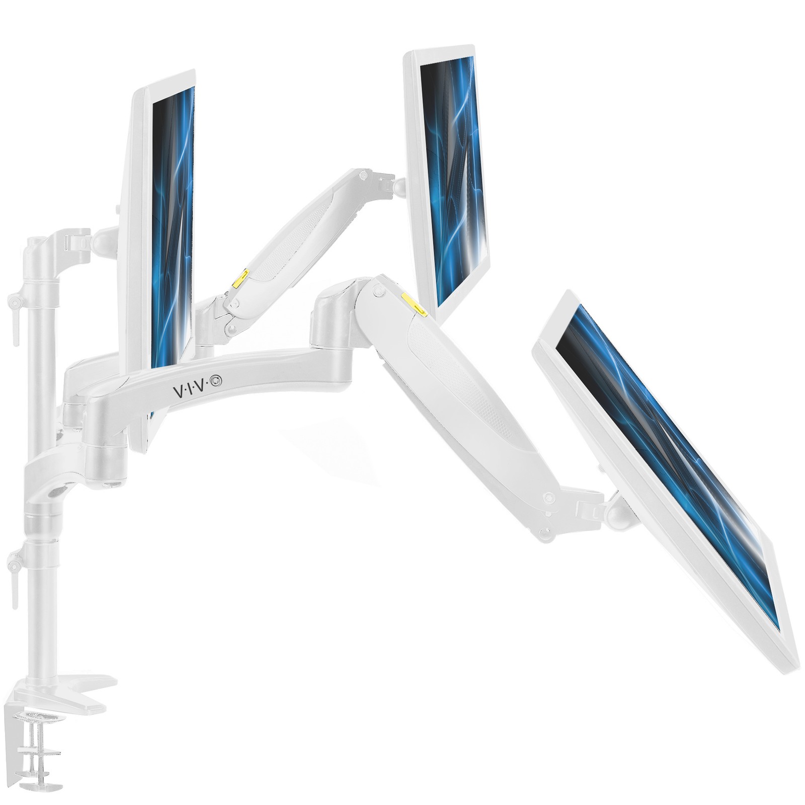 VIVO White Triple Monitor Mount, 2 Pneumatic Arms + 1 Fixed, 3 Screens up to 32"