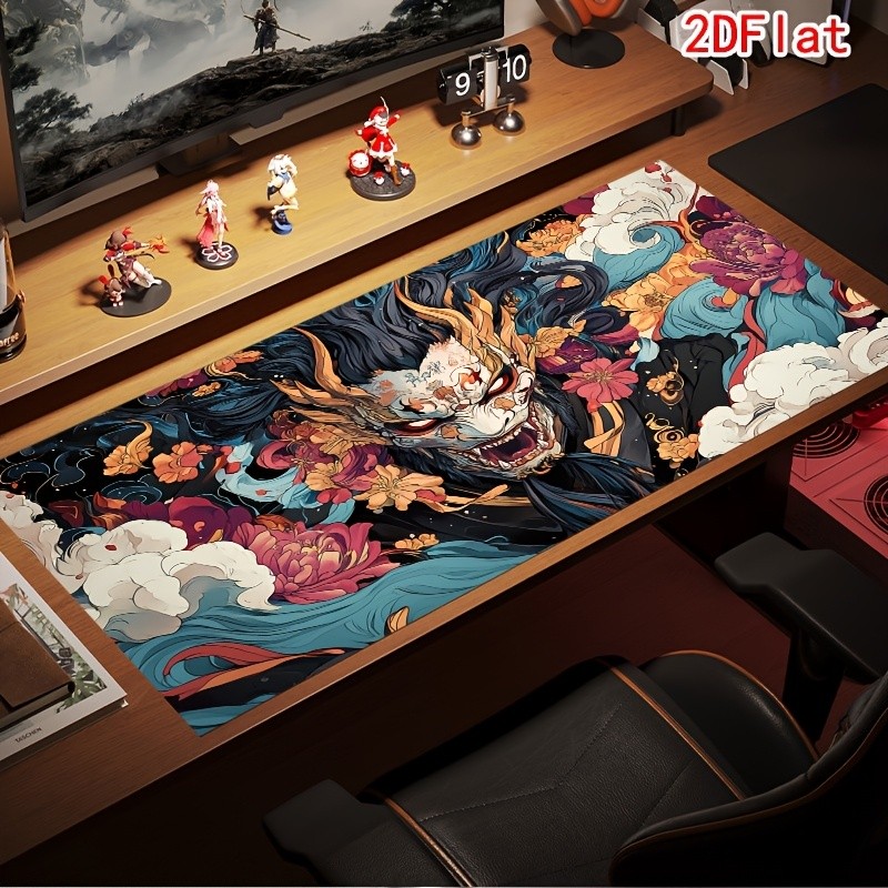Desk Mat Mouse Pad, Japanese Demon Floral Ukiyo-E Art, Non-Slip Rubber Base, W