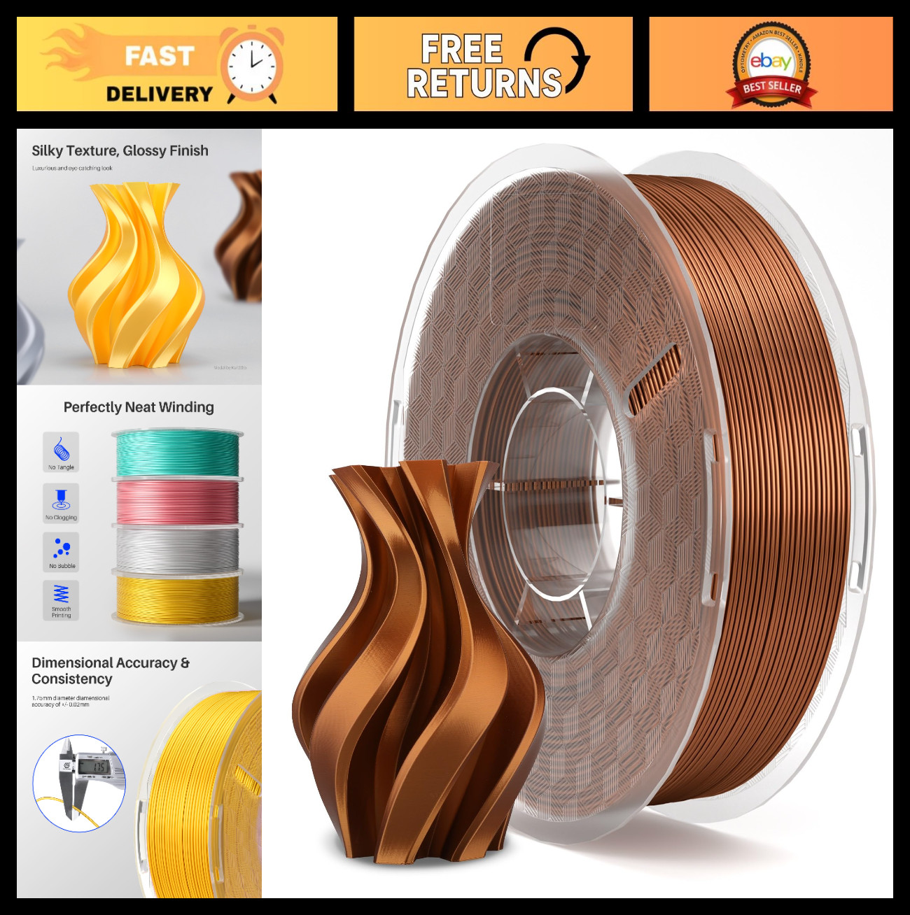 Silk PLA 3D Printer Filament 1.75mm Copper Color 1KG - High-Quality, Smooth Fini