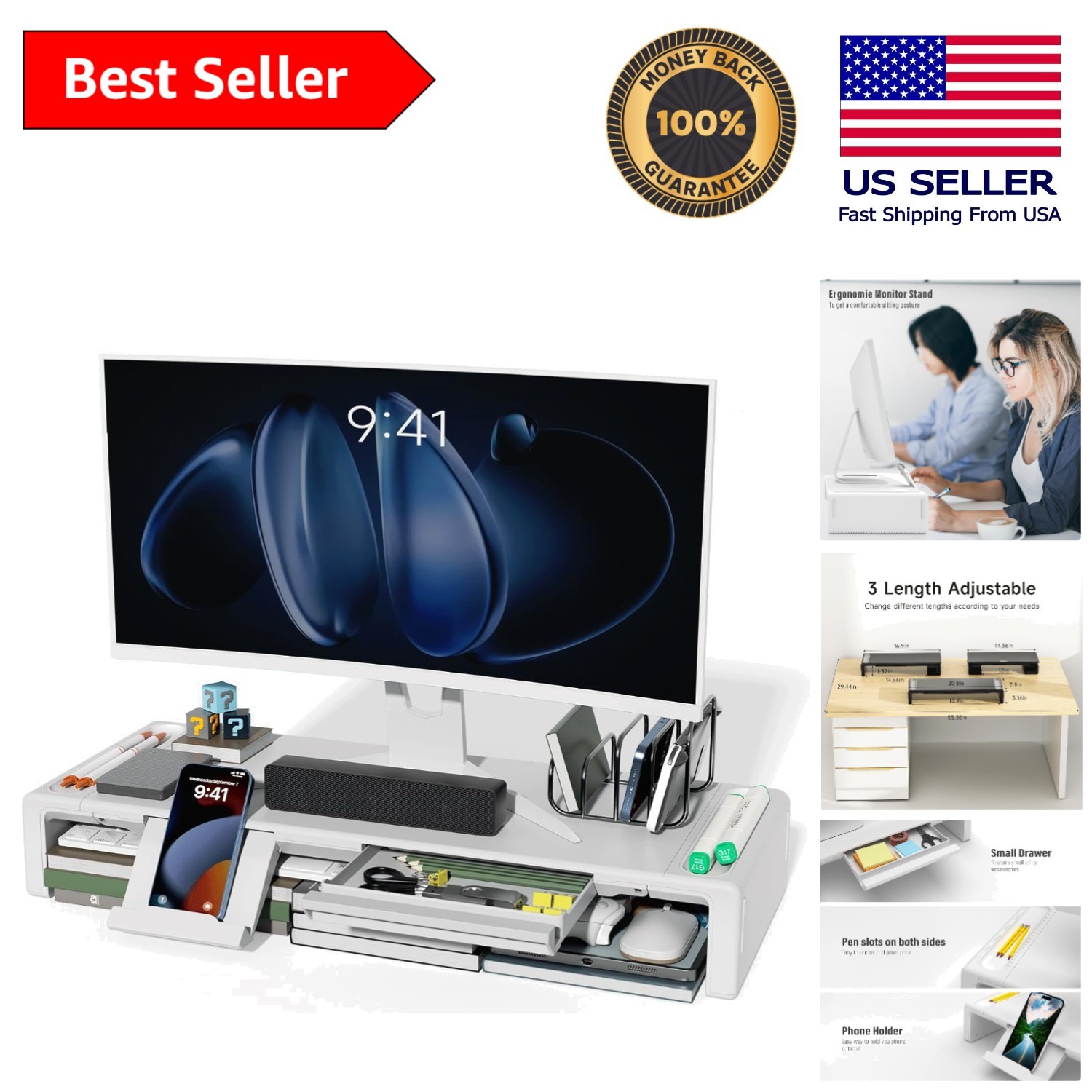 Multi-Functional Monitor Stand Riser with Storage Drawer & Phone Slot - 50 lbs