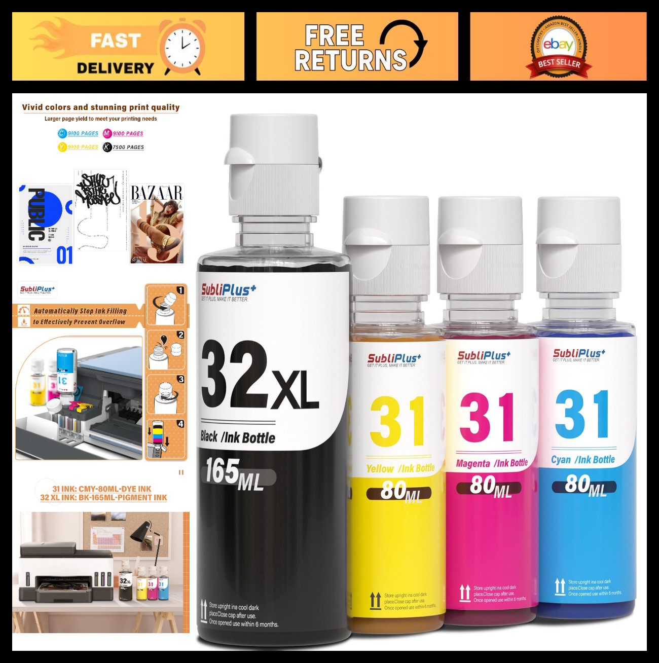 32XL Black Ink Bottle Set for HP Smart Tank Printers 6001 7602 7301 5100 5101 50