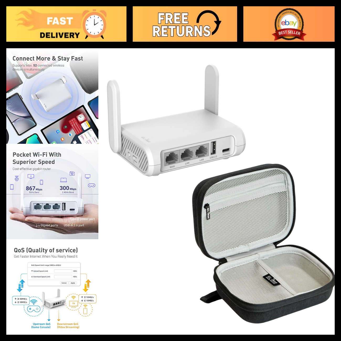 Secure Travel WiFi Router & Gadget Organizer Case for Travel Routers - Black