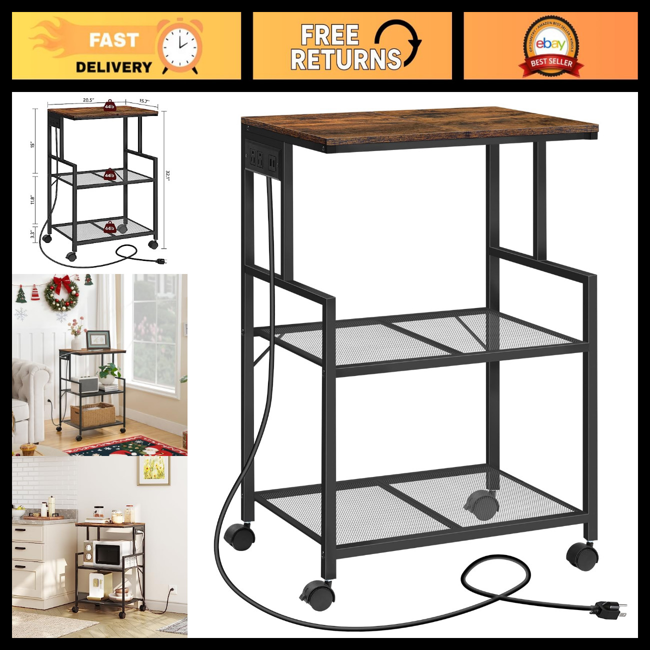3-Tier Mobile Printer Stand with Power Outlets & USB Ports, Rolling Cart for Hom