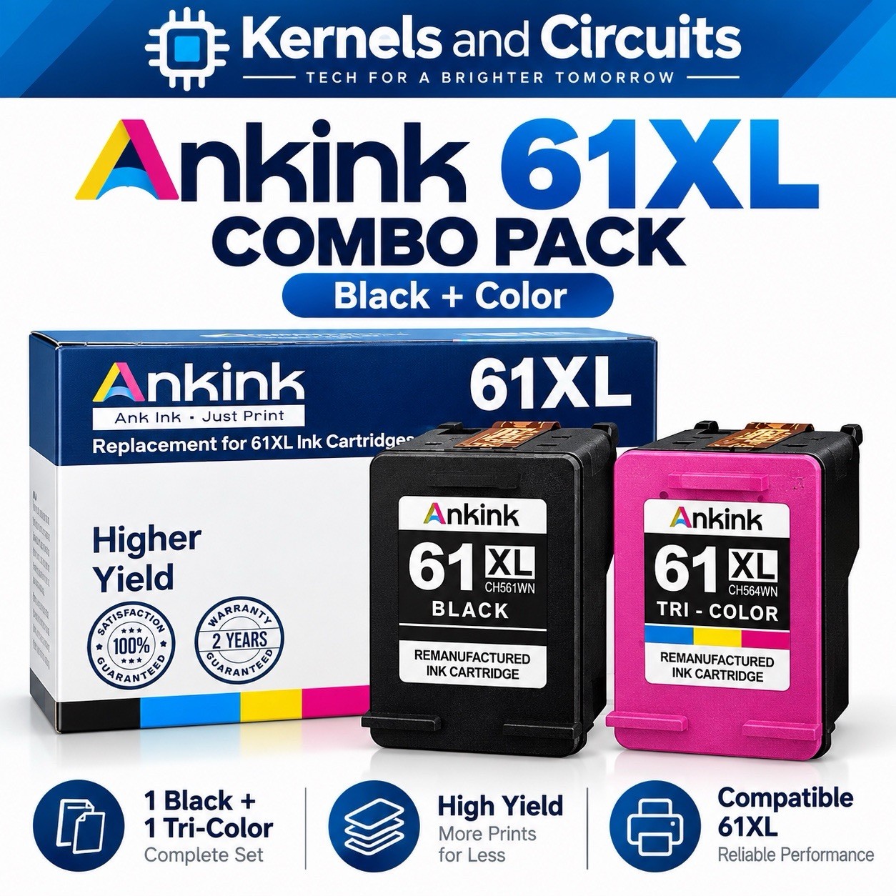 Ankink 61XL Black Tri-Color High Yield Ink Combo 2PK for HP CH563WN CH564WN