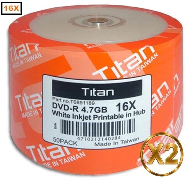 100-Pak 16X Titan White Inkjet Hub DVD-R's in Shrinkwrap  2 x 50-Pak