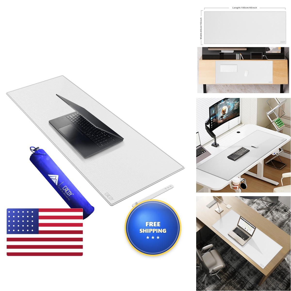 Cacoy 40" x 16" Oversized PU Leather Desk Mat, Extended Gaming - White MM018-L