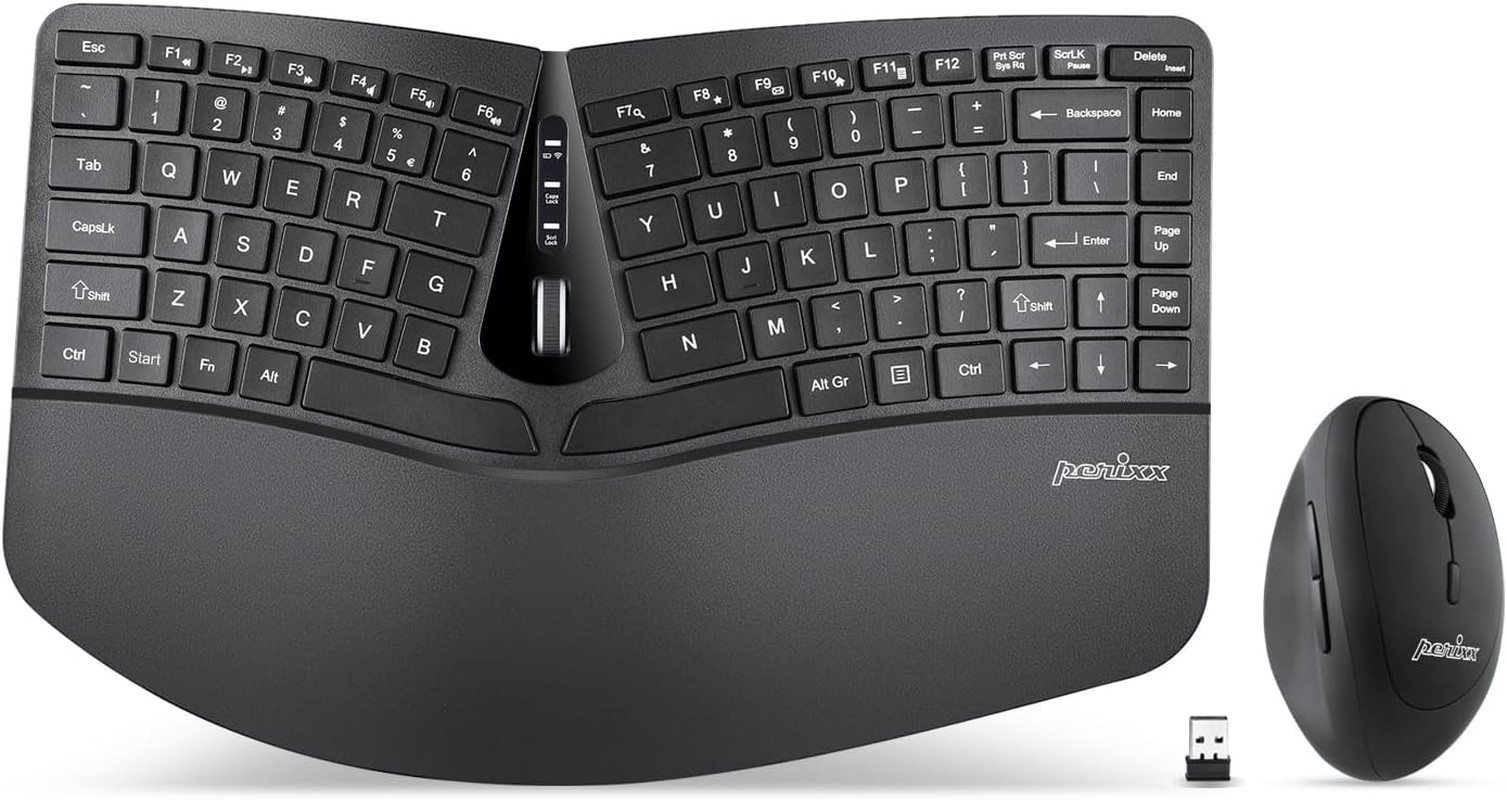 PERIDUO-606 Wireless Mini Ergonomic Keyboard with Portable Vertical Mouse - Adju