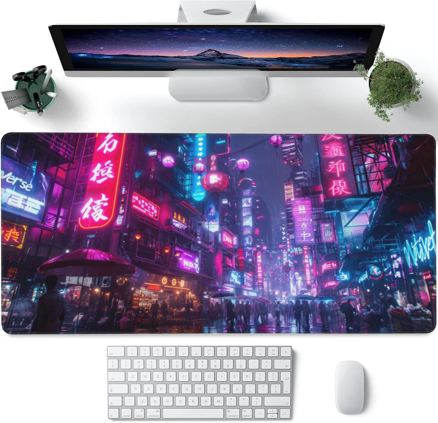 Desk Mat,Cyberpunk Neon City Large Gaming Mouse Pad for Desk XXL,Futuristic N...