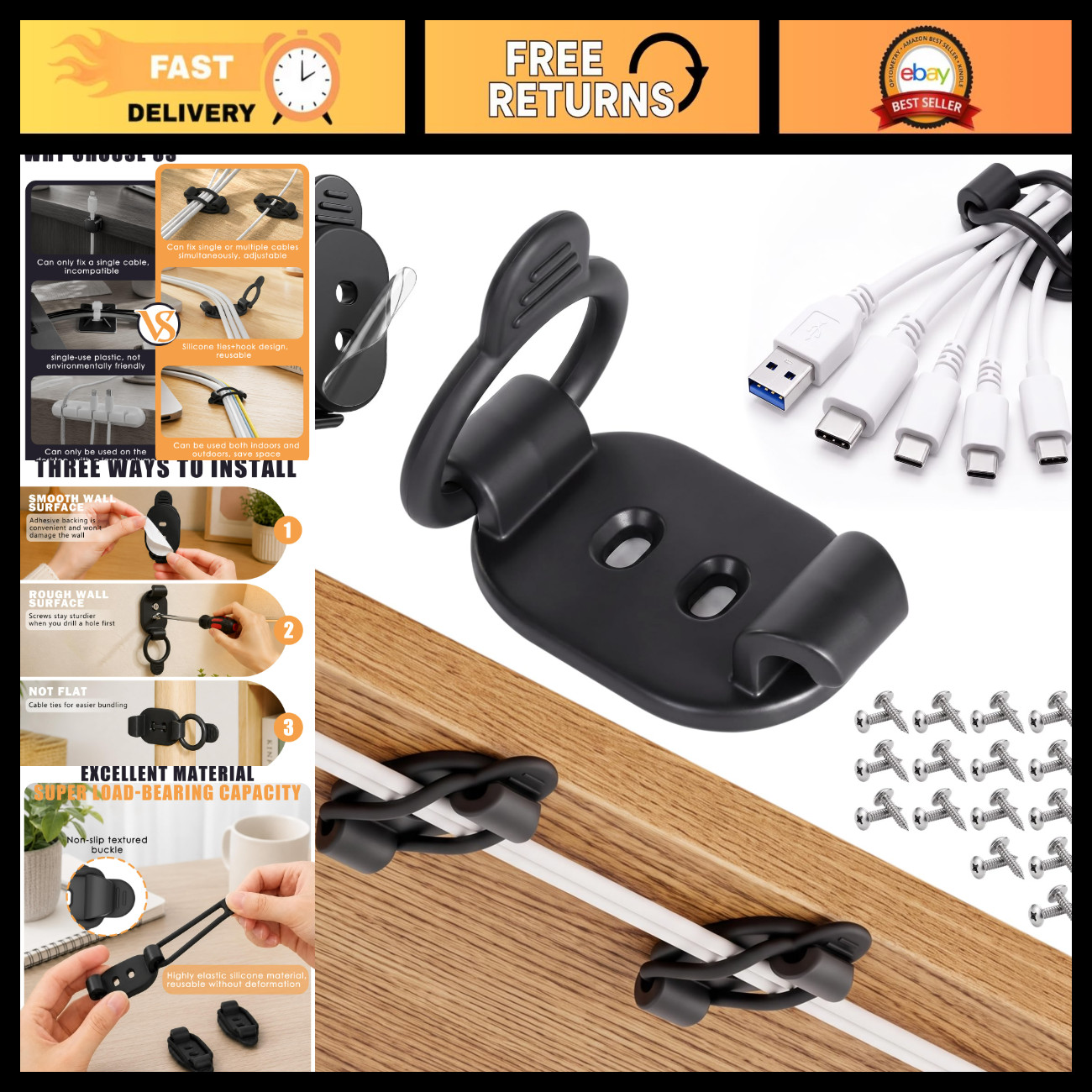 20 Pack Adhesive Cable Management Clips, Cord Organizer, Black - Tidy Up Wires