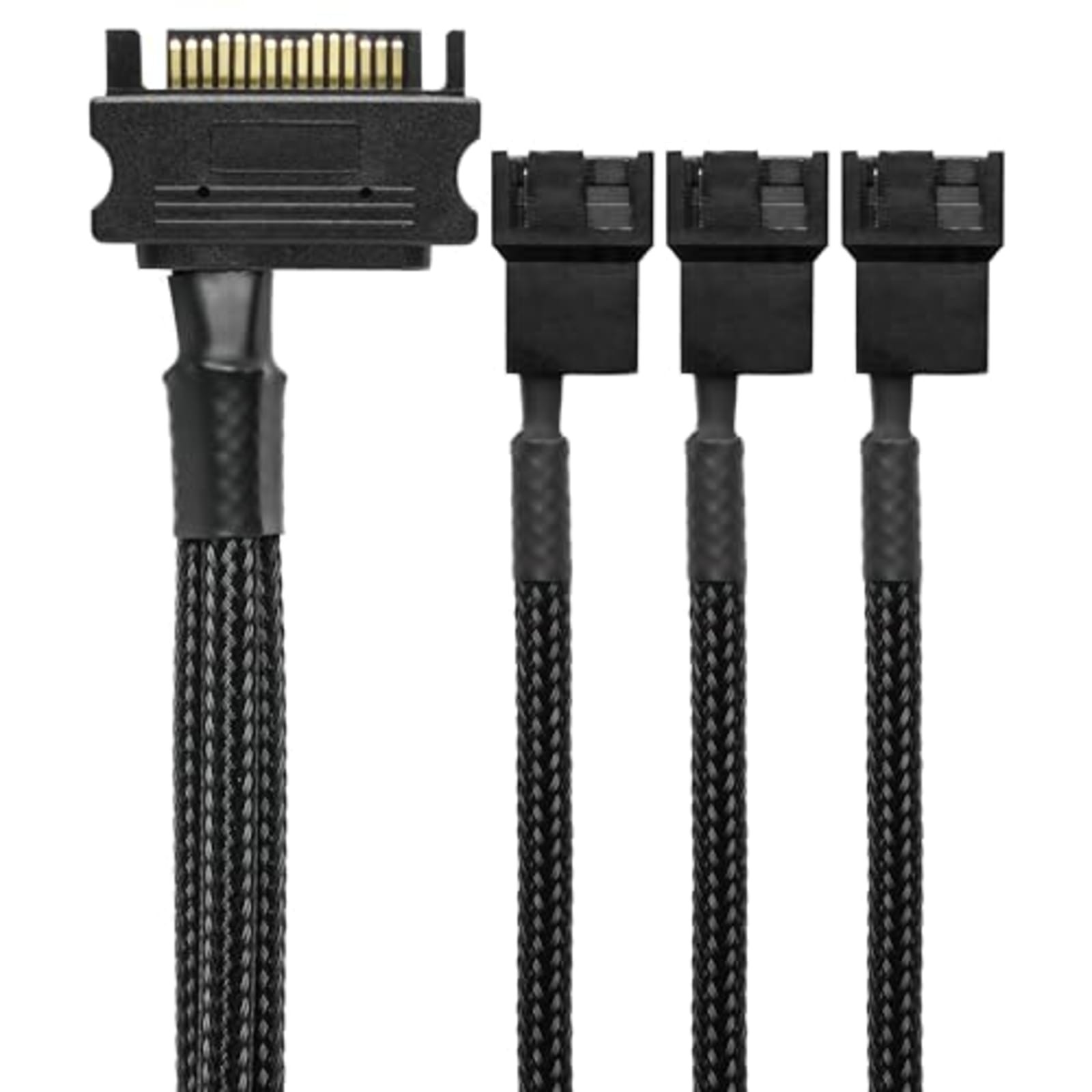 CRJ 15-Pin SATA to 3x 3/4-Pin PC Fan Power Adapter Cable 12" Black Sleeved 12V