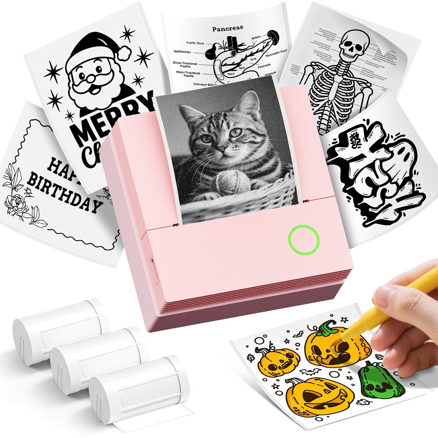 Sticker Printer, PM290C Mini Printer with 3 Rolls Paper, Pink