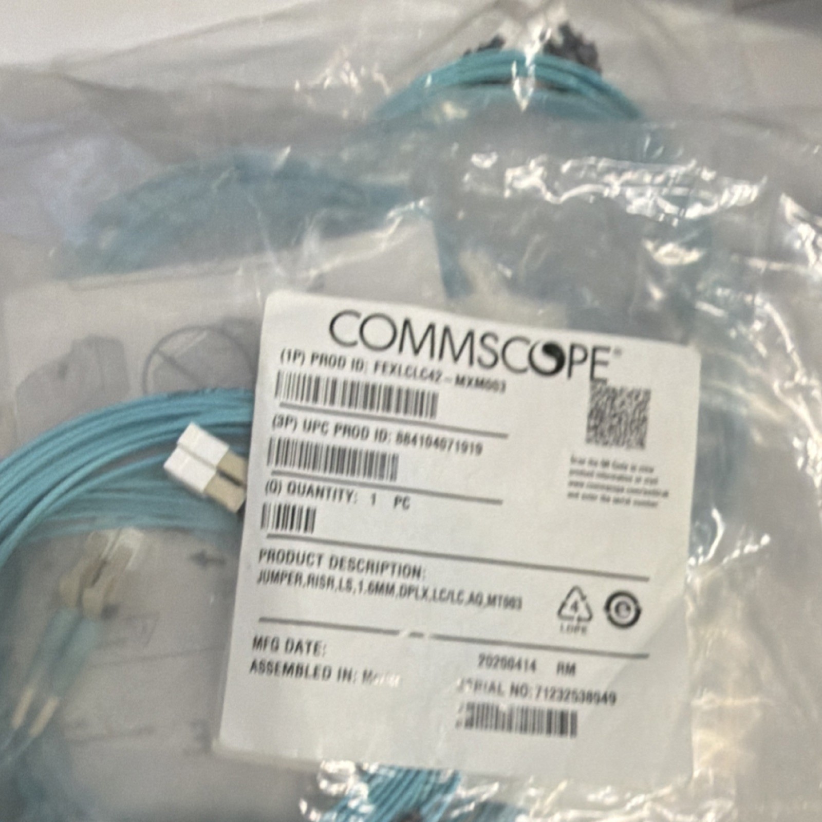 CommScope Jumper RISR LS 1.6mm Duplex LC/LC Aqua Optical Cable FEXLCLC42-MXM003