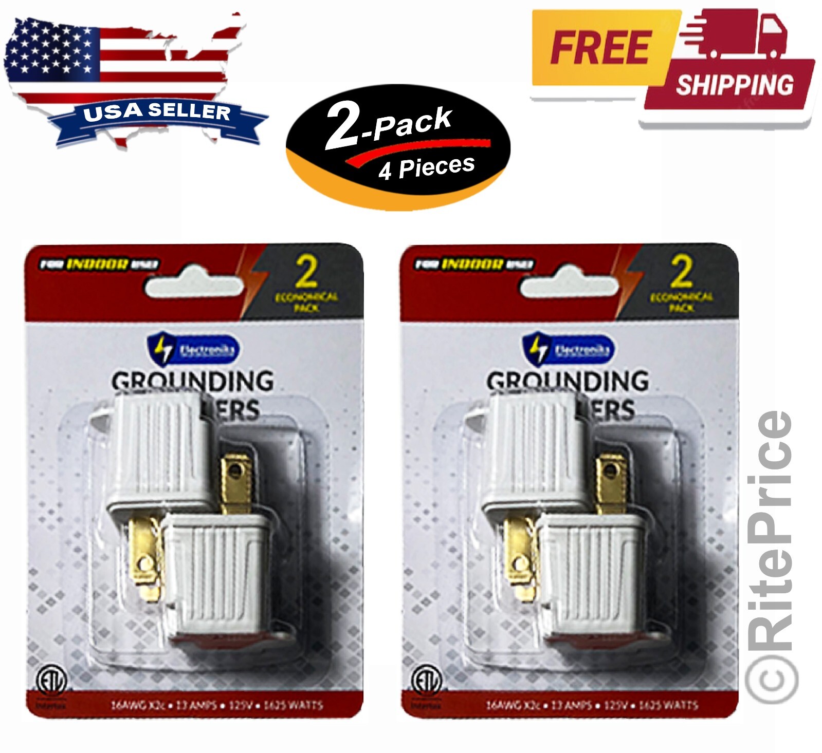 2 Prong to 3 Prong Grounded Outlet Converter Adapter with Polarized Plug - 4 pcs