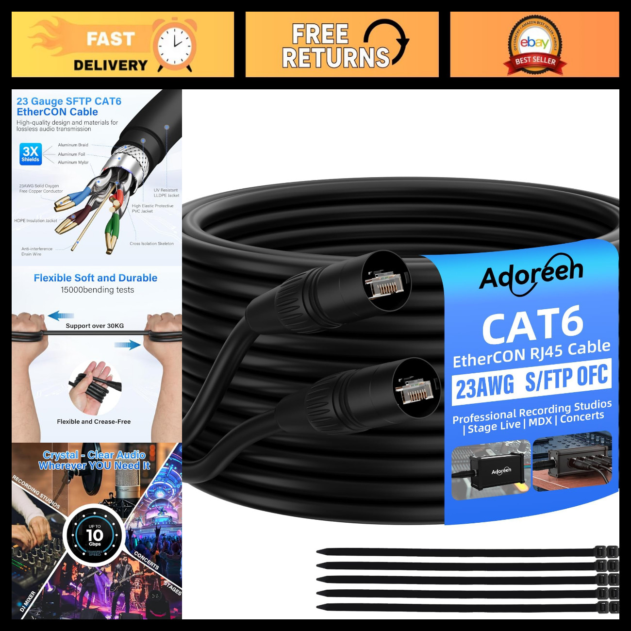 200 Ft Shielded Cat 6 Ethernet Cable, S/FTP, RJ45, Indoor/Outdoor, Pro Audio & V