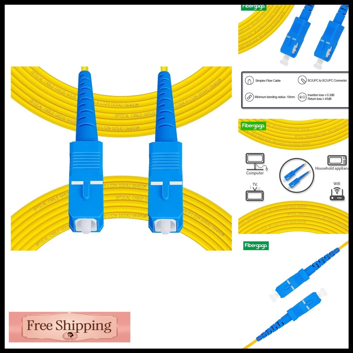 Fibergaga SC to SC OS2 Single Mode Fiber Cable 2m(7ft) 5Pack